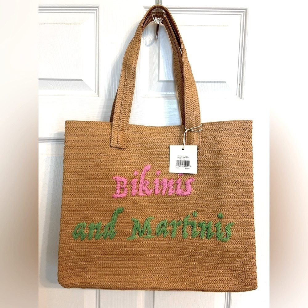 NWT Sol And Mer, Bikinis and Martinis Braided Straw Tote, Tan - Picture 2 of 7